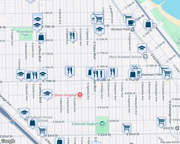 map of restaurants, bars, coffee shops, grocery stores, and more near 7821 South Oglesby Avenue in Chicago