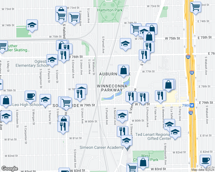 map of restaurants, bars, coffee shops, grocery stores, and more near 524 West 78th Street in Chicago