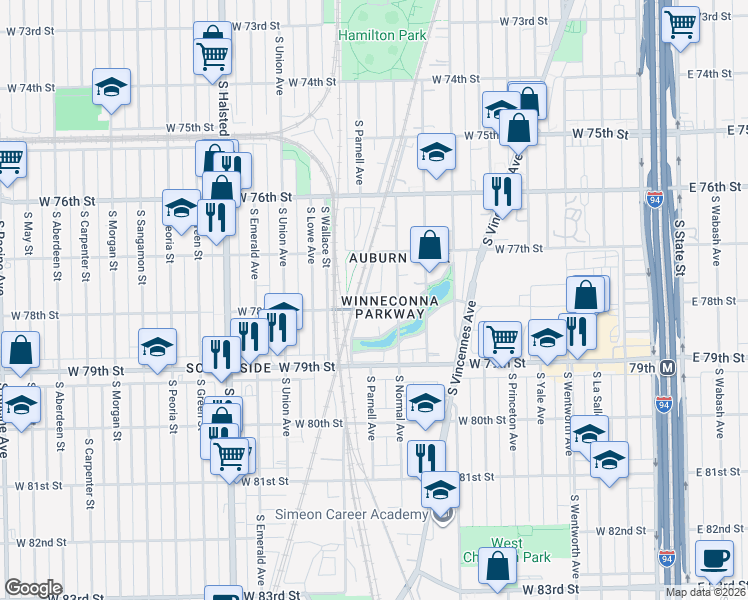 map of restaurants, bars, coffee shops, grocery stores, and more near 513 West 78th Street in Chicago