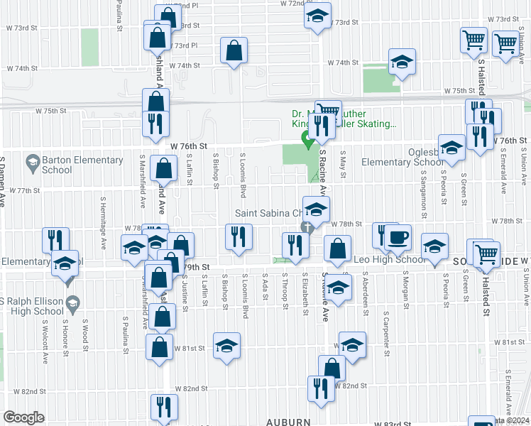 map of restaurants, bars, coffee shops, grocery stores, and more near 7738 South Ada Street in Chicago