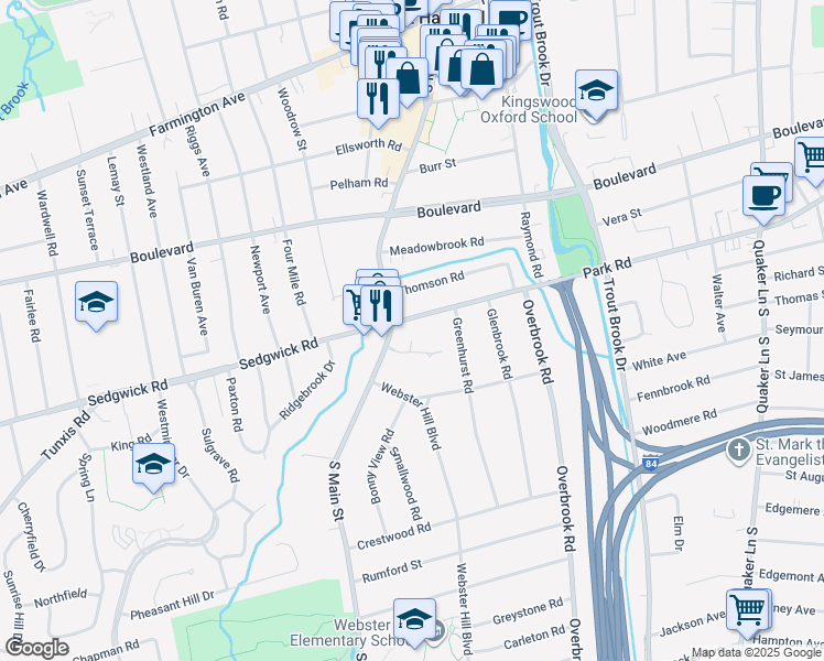 map of restaurants, bars, coffee shops, grocery stores, and more near 647 Park Road in West Hartford