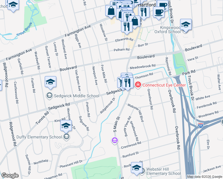map of restaurants, bars, coffee shops, grocery stores, and more near 30 Sedgwick Road in West Hartford