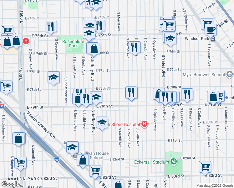 map of restaurants, bars, coffee shops, grocery stores, and more near 7833 South Clyde Avenue in Chicago