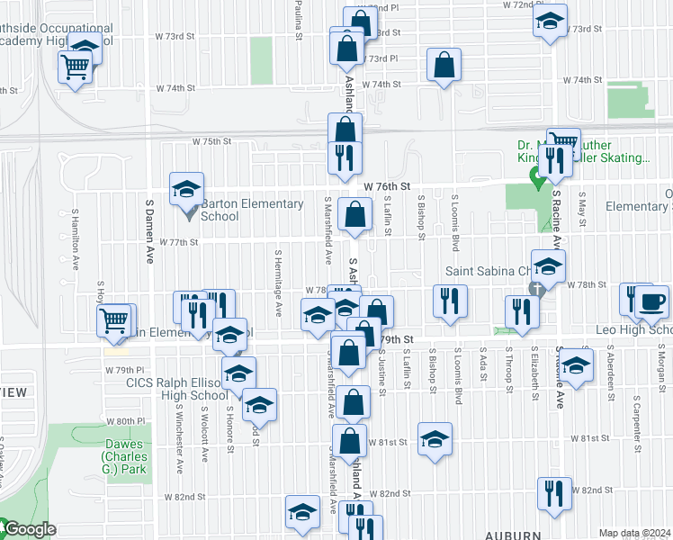 map of restaurants, bars, coffee shops, grocery stores, and more near 7737 South Marshfield Avenue in Chicago