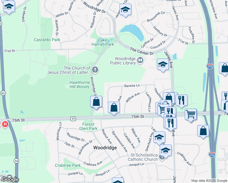 map of restaurants, bars, coffee shops, grocery stores, and more near 1 Catalpa Court in Woodridge