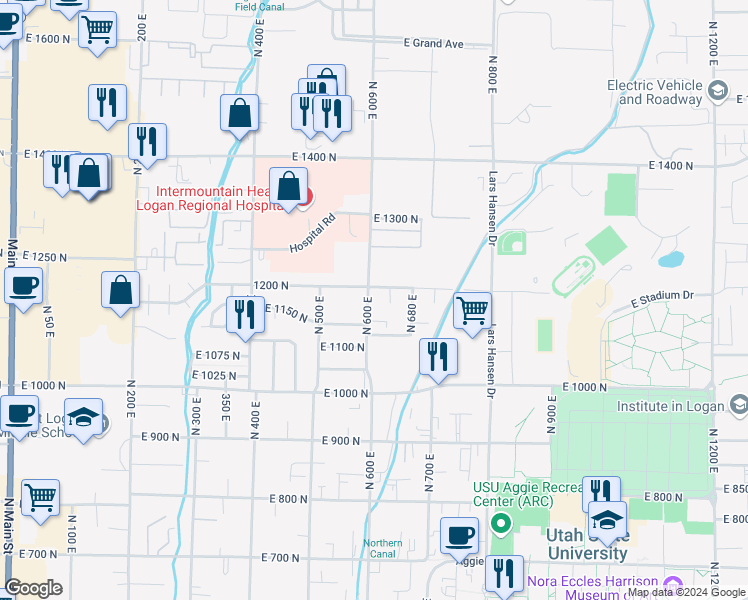 map of restaurants, bars, coffee shops, grocery stores, and more near 1188 North 600 East in Logan