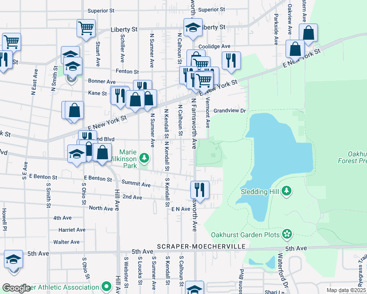 map of restaurants, bars, coffee shops, grocery stores, and more near 49 North Calhoun Street in Aurora