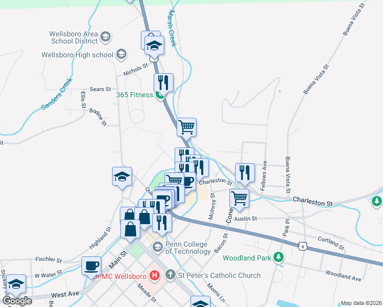 map of restaurants, bars, coffee shops, grocery stores, and more near US Highway 6 in Wellsboro