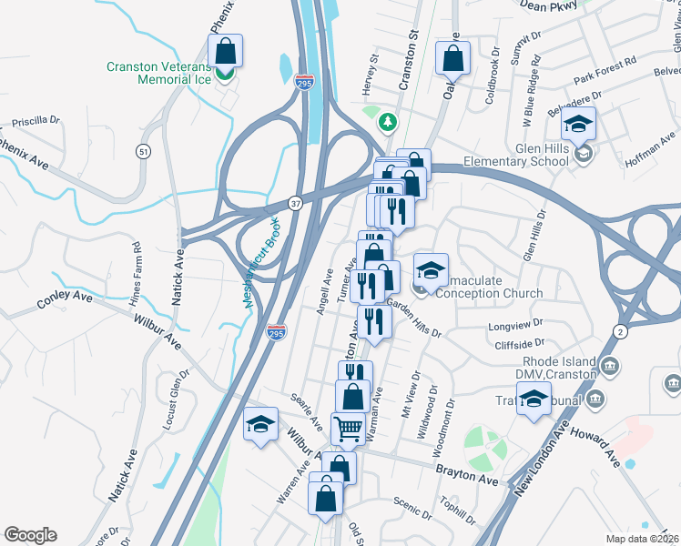 map of restaurants, bars, coffee shops, grocery stores, and more near 123 Angell Avenue in Cranston