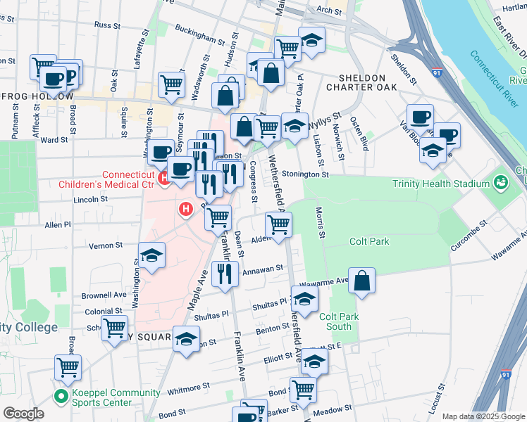 map of restaurants, bars, coffee shops, grocery stores, and more near 19 Morris Street in Hartford
