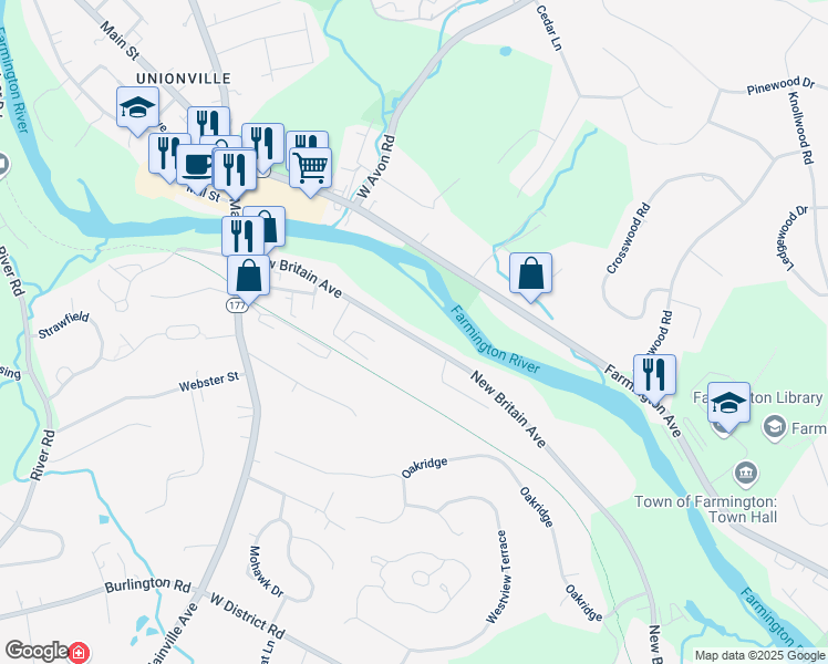 map of restaurants, bars, coffee shops, grocery stores, and more near 171 New Britain Avenue in Farmington