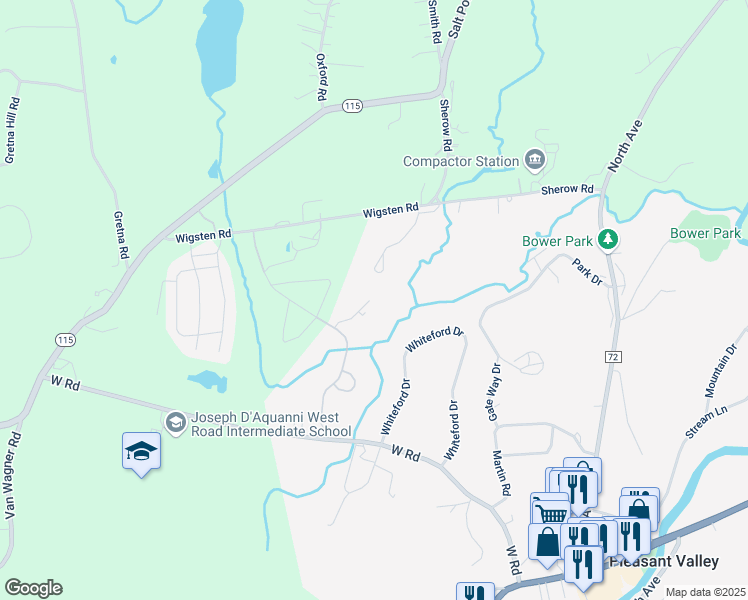 map of restaurants, bars, coffee shops, grocery stores, and more near 45 Whiteford Drive in Pleasant Valley