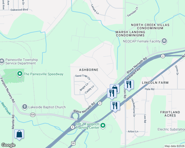 map of restaurants, bars, coffee shops, grocery stores, and more near 527 Greenside Drive in Painesville