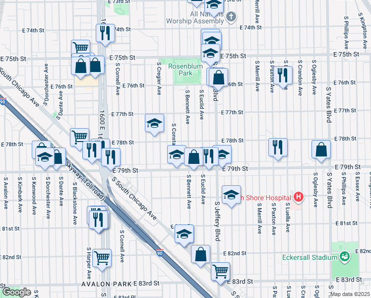 map of restaurants, bars, coffee shops, grocery stores, and more near 7830 South Bennett Avenue in Chicago