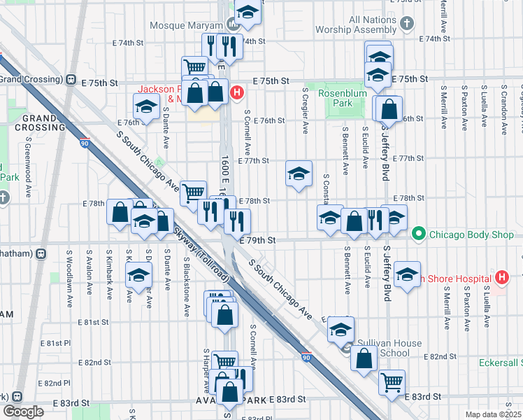 map of restaurants, bars, coffee shops, grocery stores, and more near 7826 South East End Avenue in Chicago