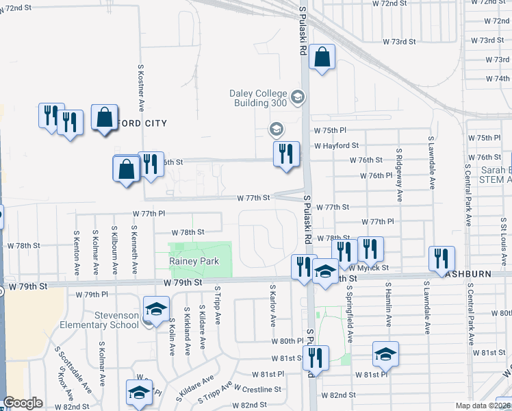 map of restaurants, bars, coffee shops, grocery stores, and more near 4151 West 77th Place in Chicago