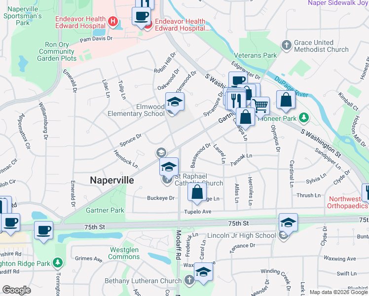 map of restaurants, bars, coffee shops, grocery stores, and more near 1120 Modaff Road in Naperville