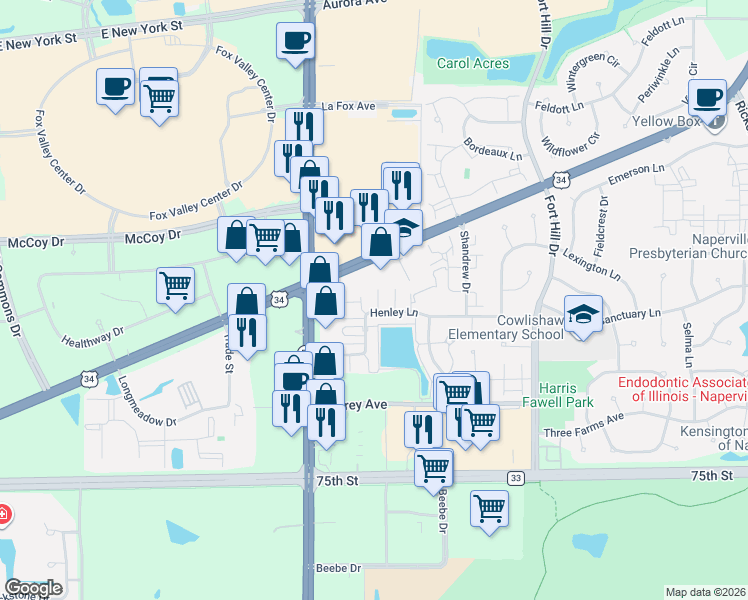 map of restaurants, bars, coffee shops, grocery stores, and more near 2852 Henley Lane in Naperville