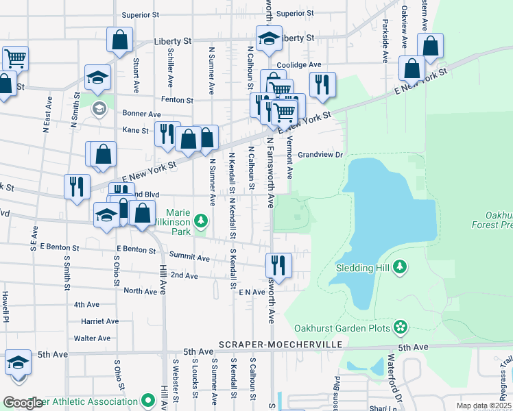 map of restaurants, bars, coffee shops, grocery stores, and more near 49 North Calhoun Street in Aurora