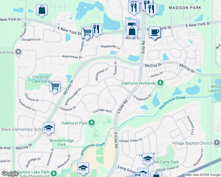 map of restaurants, bars, coffee shops, grocery stores, and more near 2840 Carriage Way in Aurora