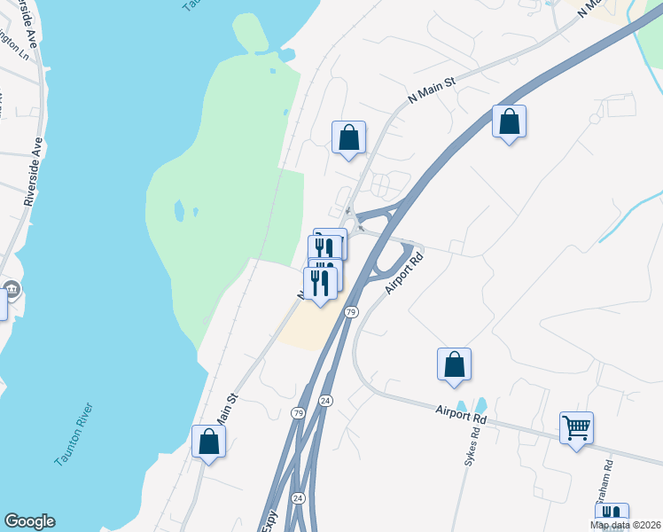 map of restaurants, bars, coffee shops, grocery stores, and more near 4236 North Main Street in Fall River
