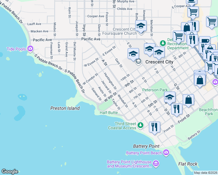 map of restaurants, bars, coffee shops, grocery stores, and more near 1021 Anzio Street in Crescent City