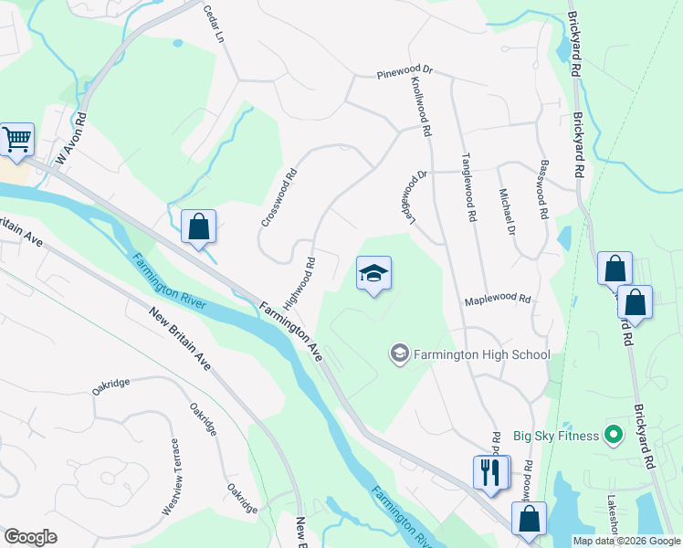 map of restaurants, bars, coffee shops, grocery stores, and more near 2-98 Candlewood Lane in Farmington