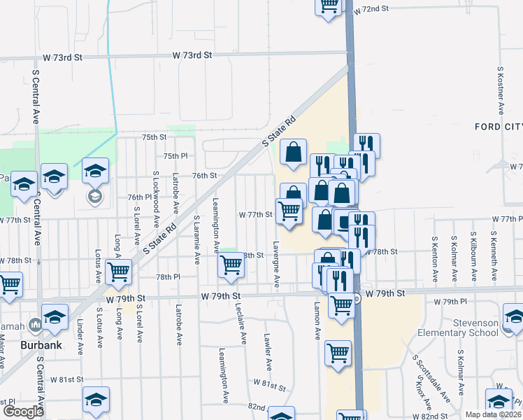 map of restaurants, bars, coffee shops, grocery stores, and more near 7703 Lawler Avenue in Burbank
