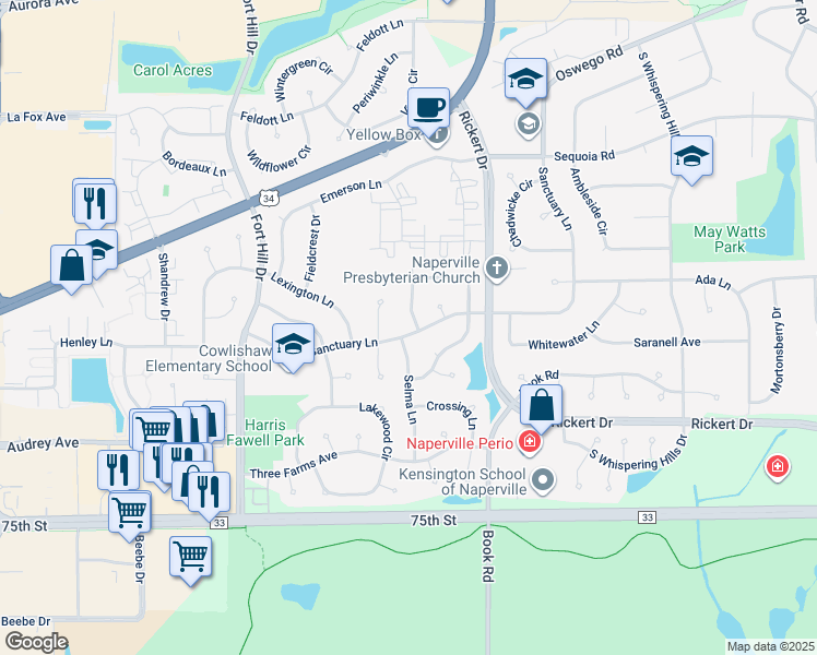 map of restaurants, bars, coffee shops, grocery stores, and more near 939 Lowell Lane in Naperville