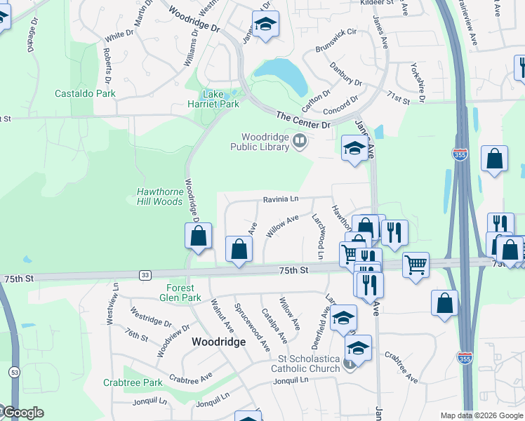 map of restaurants, bars, coffee shops, grocery stores, and more near 2612 Willow Avenue in Woodridge