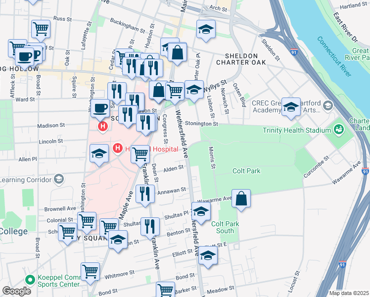 map of restaurants, bars, coffee shops, grocery stores, and more near Morris Street in Hartford