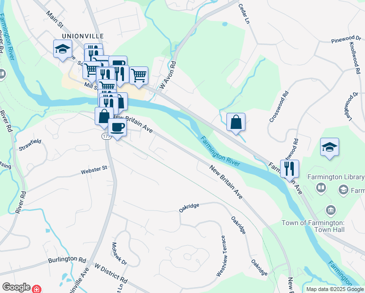 map of restaurants, bars, coffee shops, grocery stores, and more near 171 New Britain Avenue in Farmington