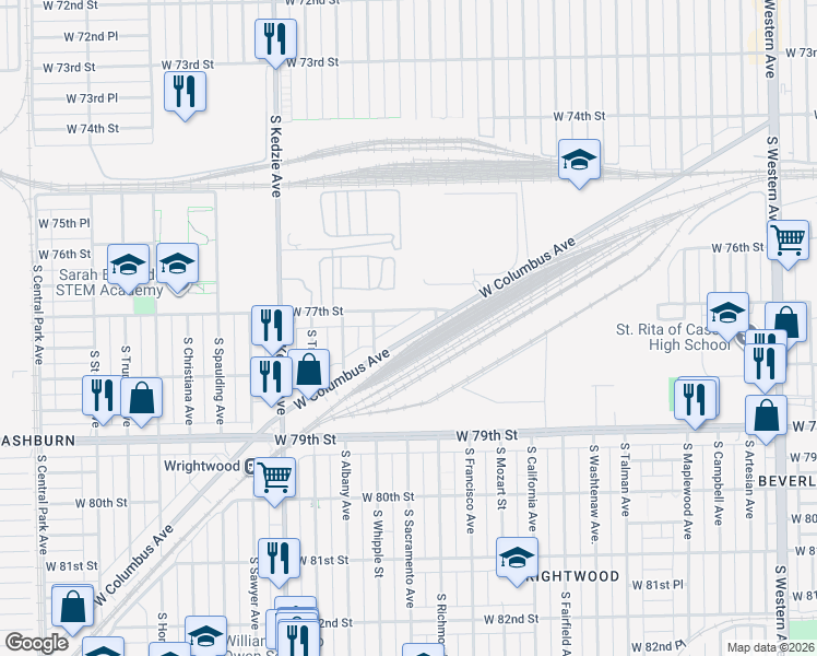 map of restaurants, bars, coffee shops, grocery stores, and more near 2964 West Columbus Avenue in Chicago