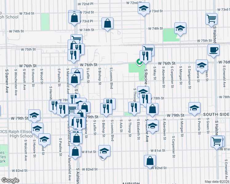 map of restaurants, bars, coffee shops, grocery stores, and more near 7557 South Loomis Boulevard in Chicago