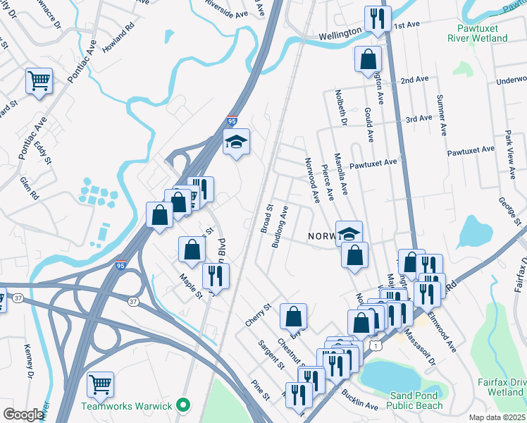 map of restaurants, bars, coffee shops, grocery stores, and more near 93 Broad Street in Warwick