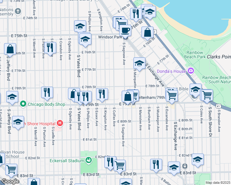 map of restaurants, bars, coffee shops, grocery stores, and more near 7837 South Colfax Avenue in Chicago