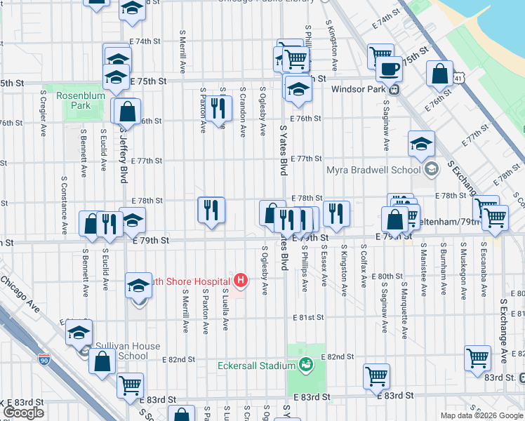 map of restaurants, bars, coffee shops, grocery stores, and more near 7835 South Oglesby Avenue in Chicago