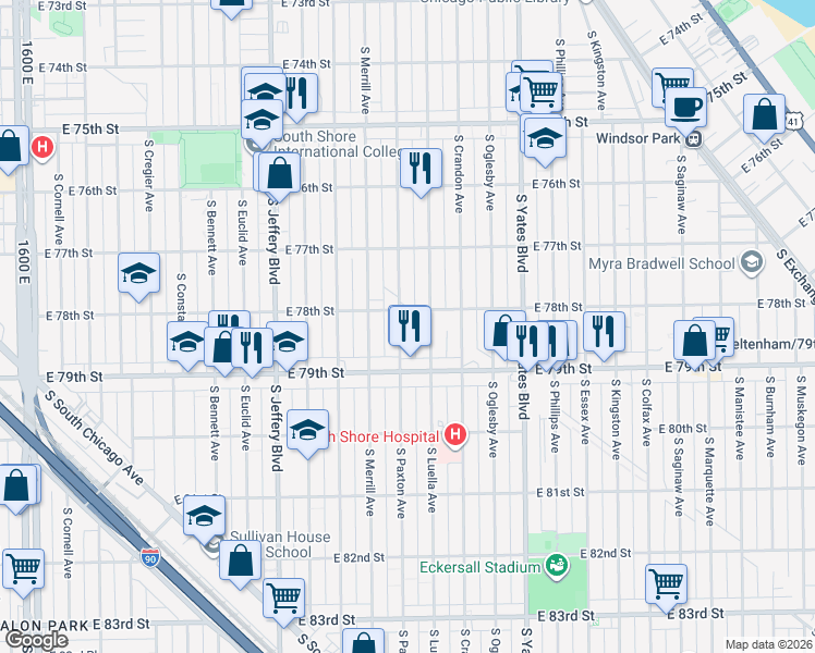 map of restaurants, bars, coffee shops, grocery stores, and more near 7832 South Paxton Avenue in Chicago