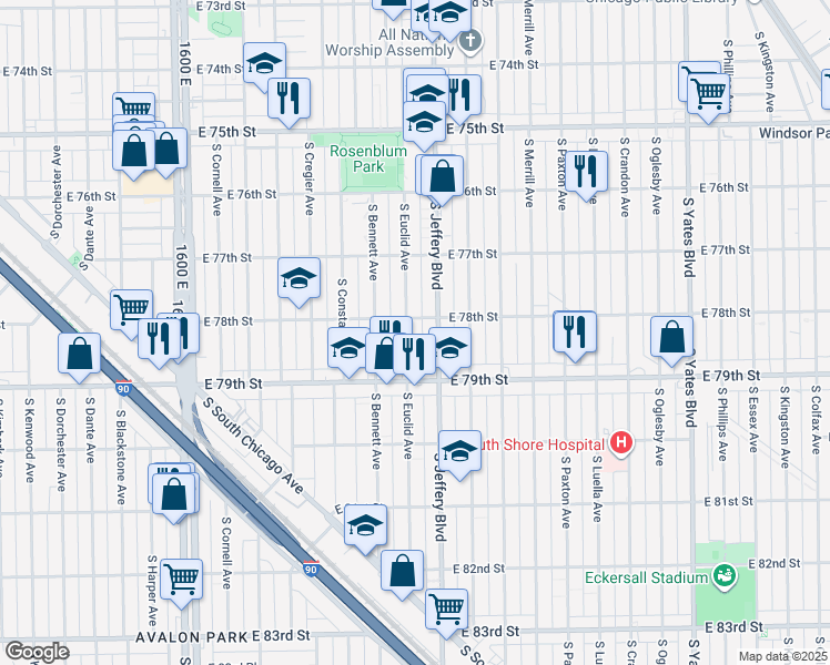 map of restaurants, bars, coffee shops, grocery stores, and more near 7828 South Euclid Avenue in Chicago