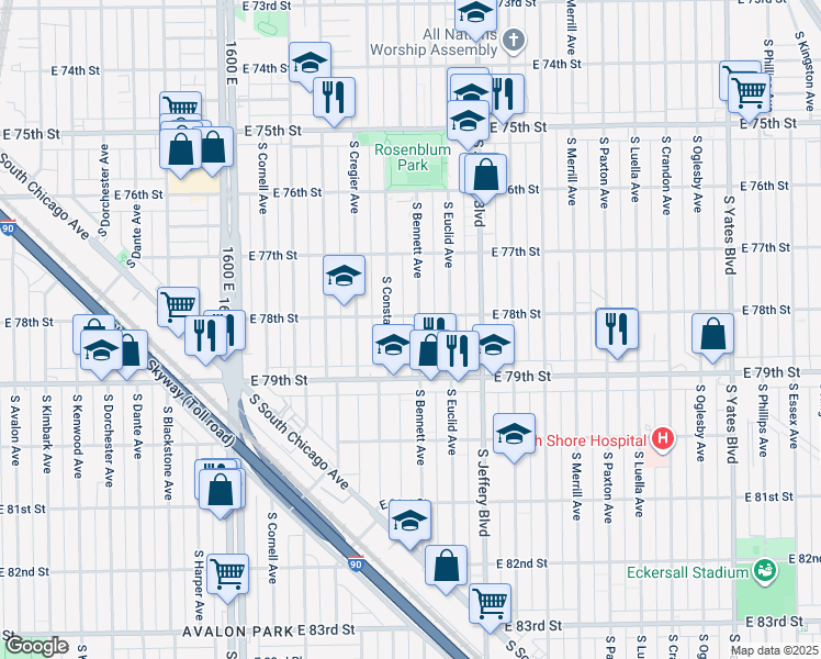 map of restaurants, bars, coffee shops, grocery stores, and more near 7830 South Bennett Avenue in Chicago