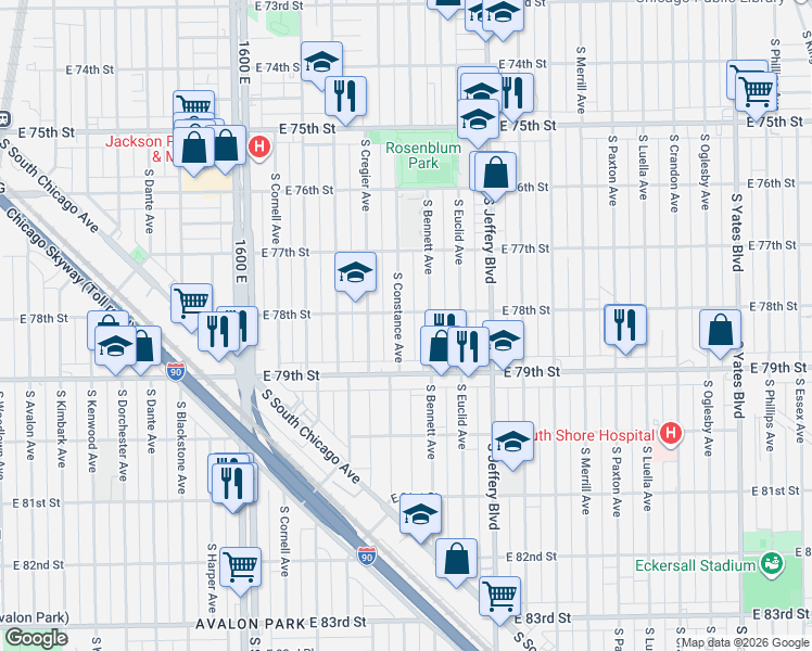 map of restaurants, bars, coffee shops, grocery stores, and more near 7830 South Bennett Avenue in Chicago