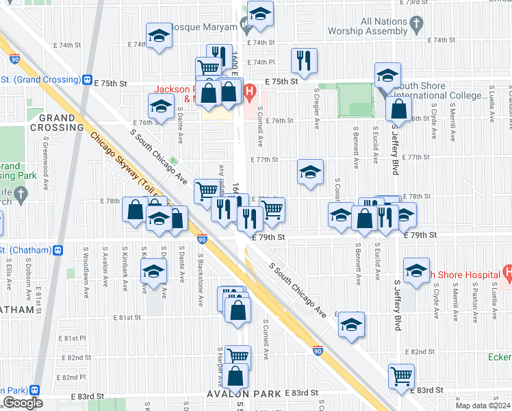 map of restaurants, bars, coffee shops, grocery stores, and more near 7824 South Cornell Avenue in Chicago