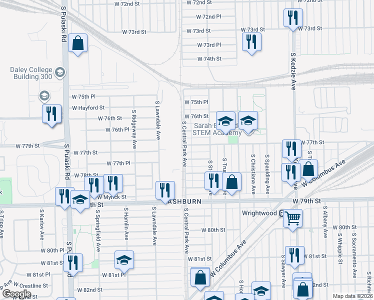 map of restaurants, bars, coffee shops, grocery stores, and more near 3552 West 77th Place in Chicago
