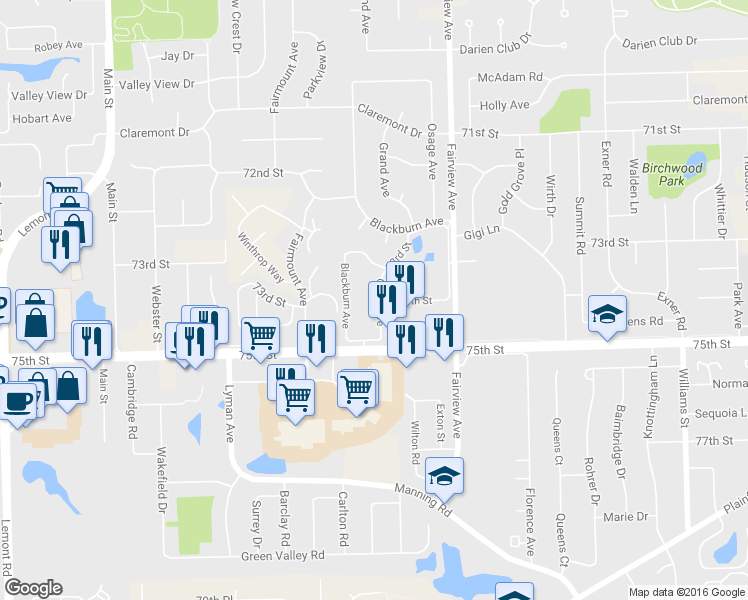 map of restaurants, bars, coffee shops, grocery stores, and more near 550 75th Street in Downers Grove