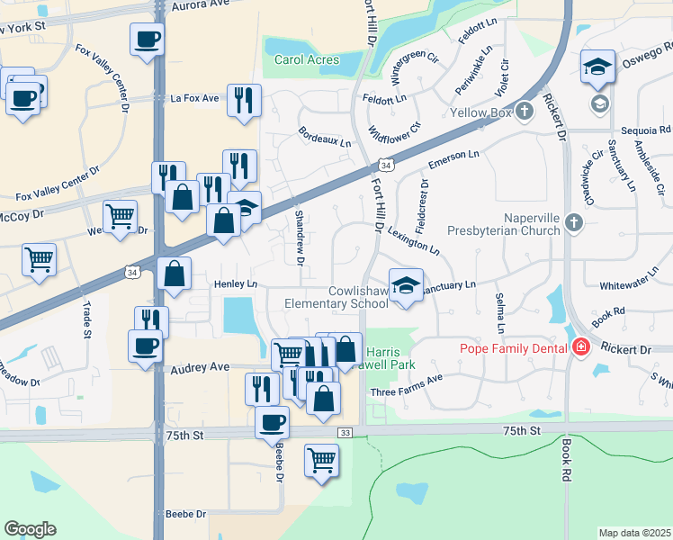 map of restaurants, bars, coffee shops, grocery stores, and more near 2511 Blakely Lane in Naperville