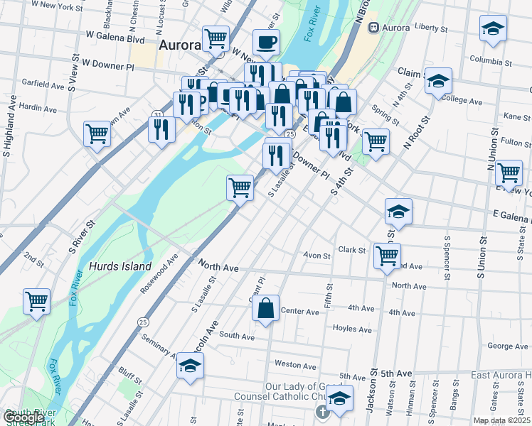 map of restaurants, bars, coffee shops, grocery stores, and more near 180 South Lasalle Street in Aurora