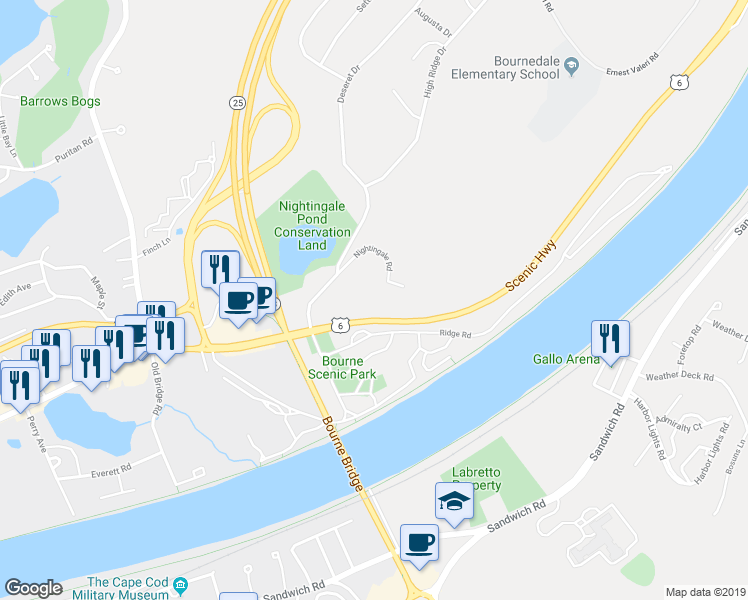 map of restaurants, bars, coffee shops, grocery stores, and more near 391 Scenic Highway in Bourne