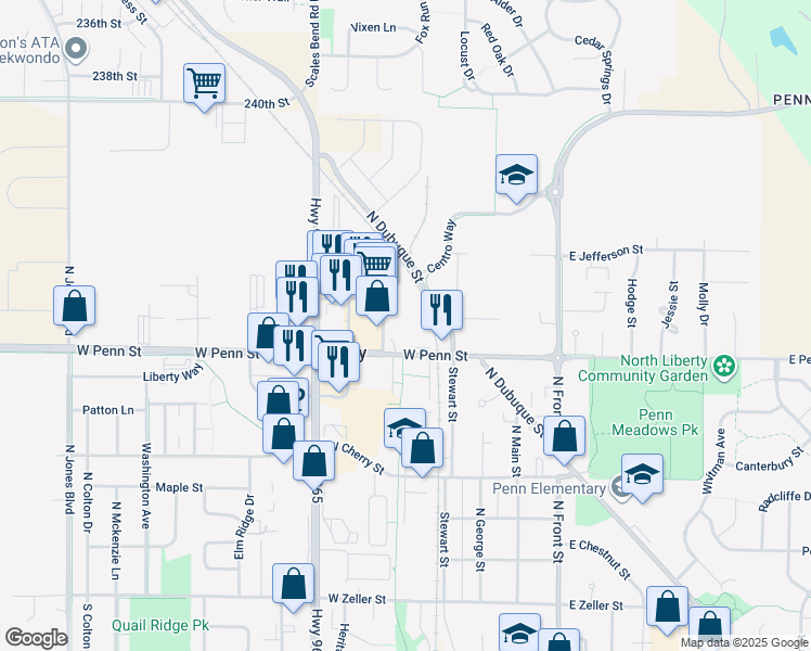 map of restaurants, bars, coffee shops, grocery stores, and more near 350 West Penn Street in North Liberty