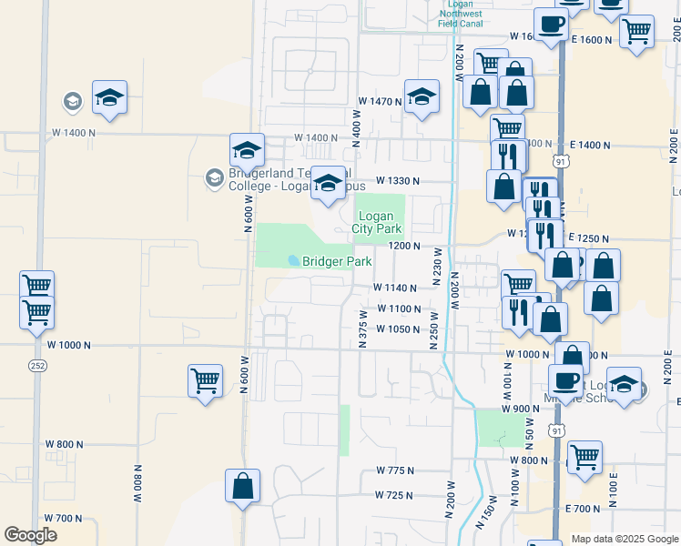 map of restaurants, bars, coffee shops, grocery stores, and more near 427 West 1155 North in Logan