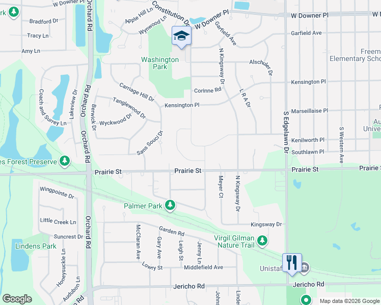 map of restaurants, bars, coffee shops, grocery stores, and more near 2101-2199 Prairie St in Aurora